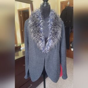 Chico's Gray Wool Sweater with Faux Fur Collar